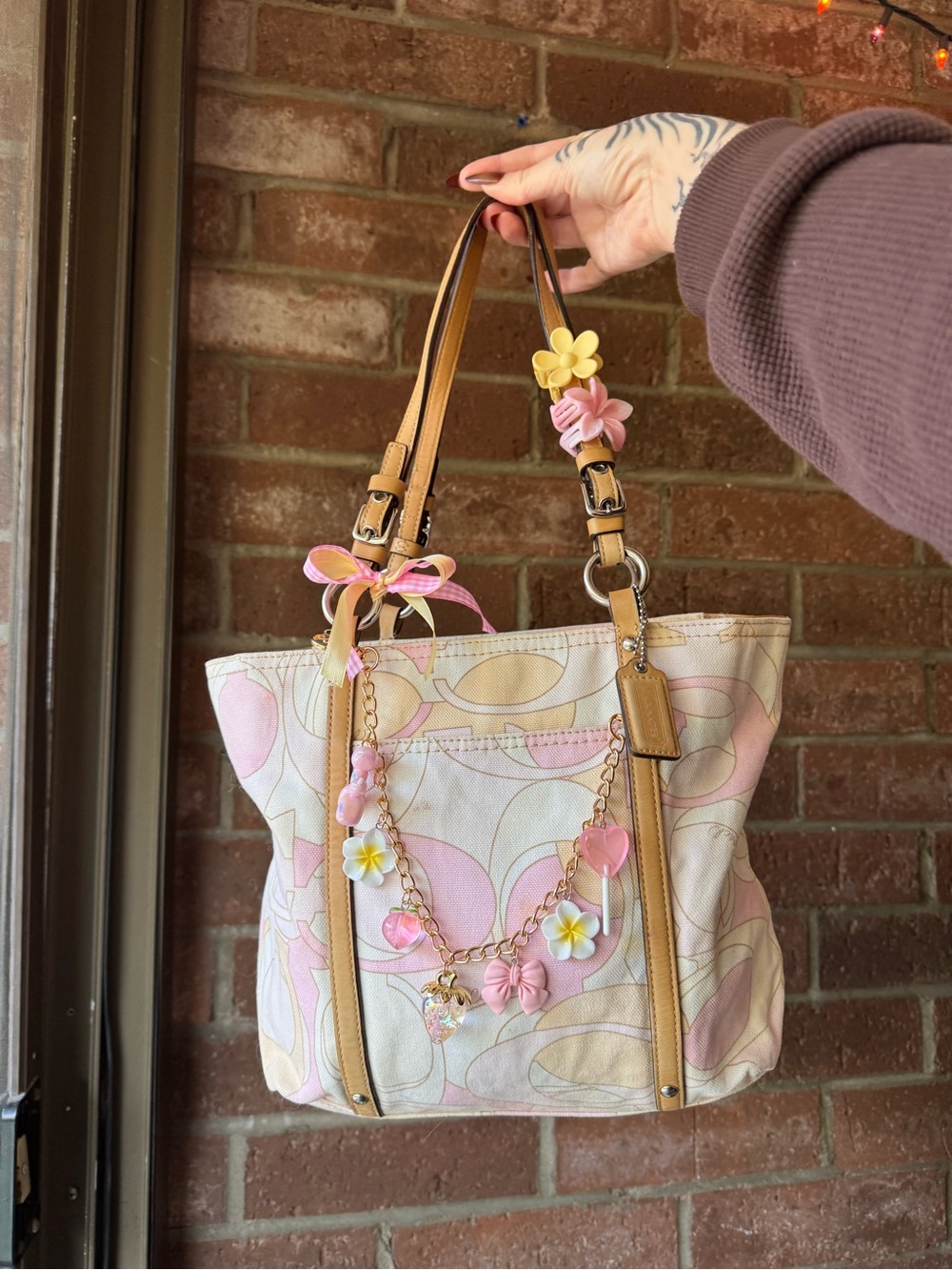 Coach Pink, Cream & Tan Signature Canvas Tote with Floral Charm Chain